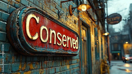 A vintage sign reading 'Conserved' mounted on a weathered wall of an old building exudes a rustic charm, signifying preservation and antiquity in a historical setting. photo