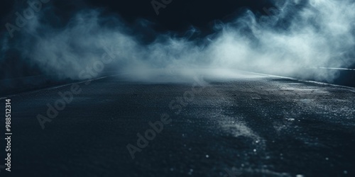 Nighttime scene on a wet, foggy highway. The absence of traffic creates an eerie atmosphere.