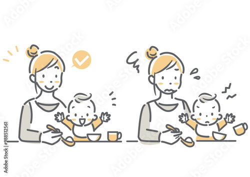 赤ちゃんに離乳食を食べさせる若いお母さん　シンプルでお洒落な線画イラスト
