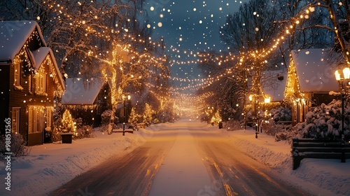 Fototapeta Naklejka Na Ścianę i Meble -  Snow falling on small town street decorated with christmas lights
