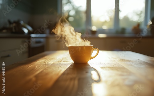 Steaming Coffee Cup on Rustic Table with Morning Sunlight