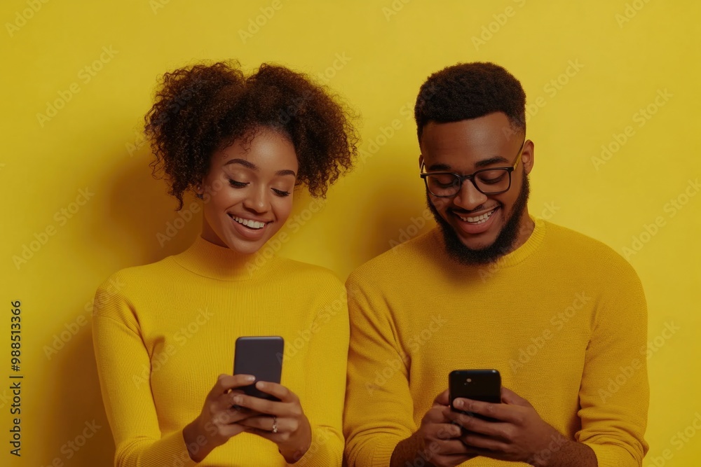 Fototapeta premium A young couple sharing a laugh while looking at their phones, with yellow tops and background.