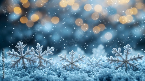 Close-up view of delicate, frost-covered snowflakes with intricate patterns, framed by soft, icy branches. The blurred blue background with falling snow creates a serene, wintery atmosphere.