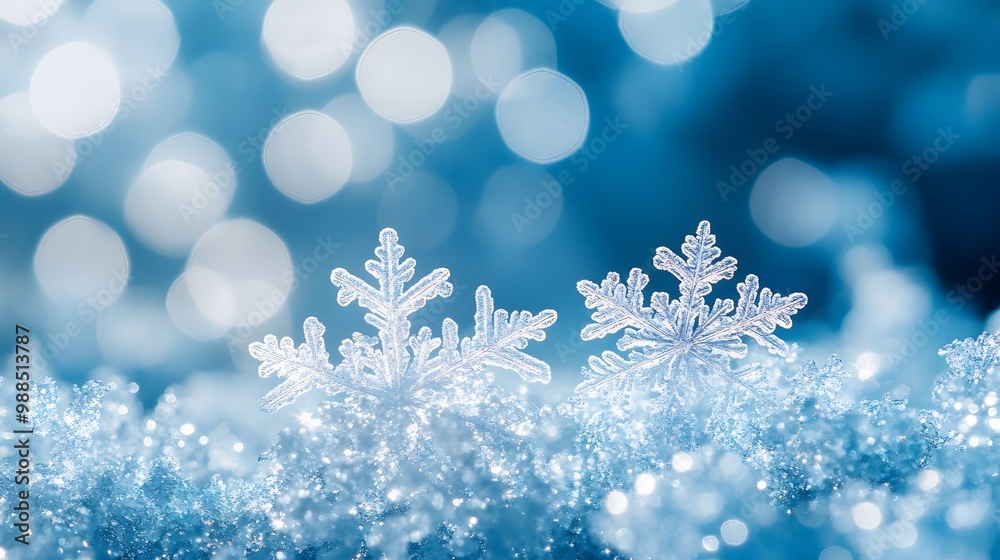 Close-up view of delicate, frost-covered snowflakes with intricate patterns, framed by soft, icy branches. The blurred blue background with falling snow creates a serene, wintery atmosphere. Close-up view of delicate, frost-covered snowflakes with intricate patterns, framed by soft, icy branches. The blurred blue background with falling snow creates a serene, wintery atmosphere.