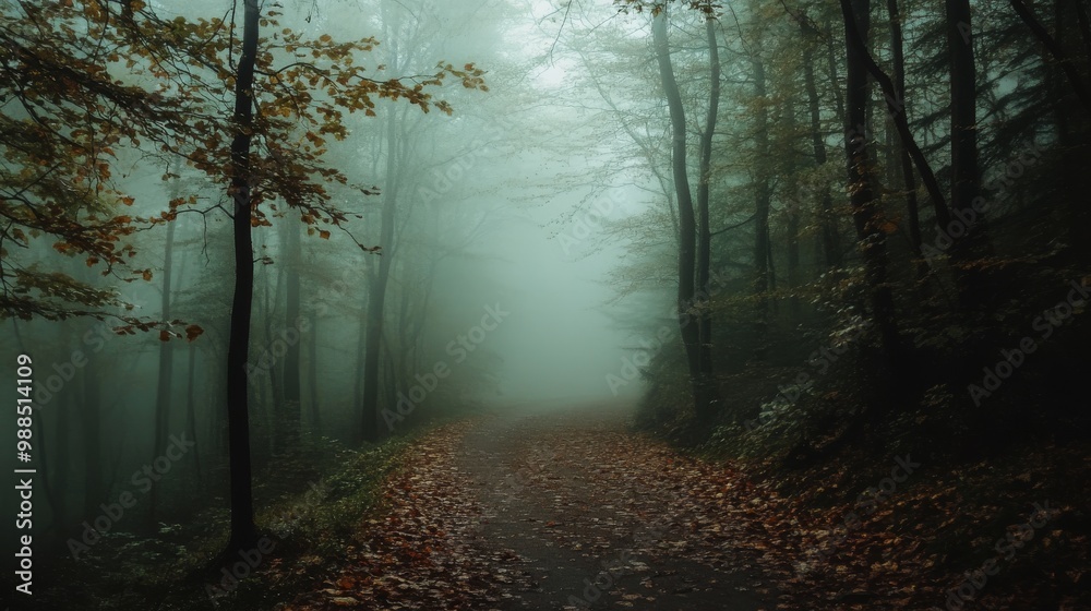Obraz premium Enchanted Forest Path: A Misty Autumn Walk