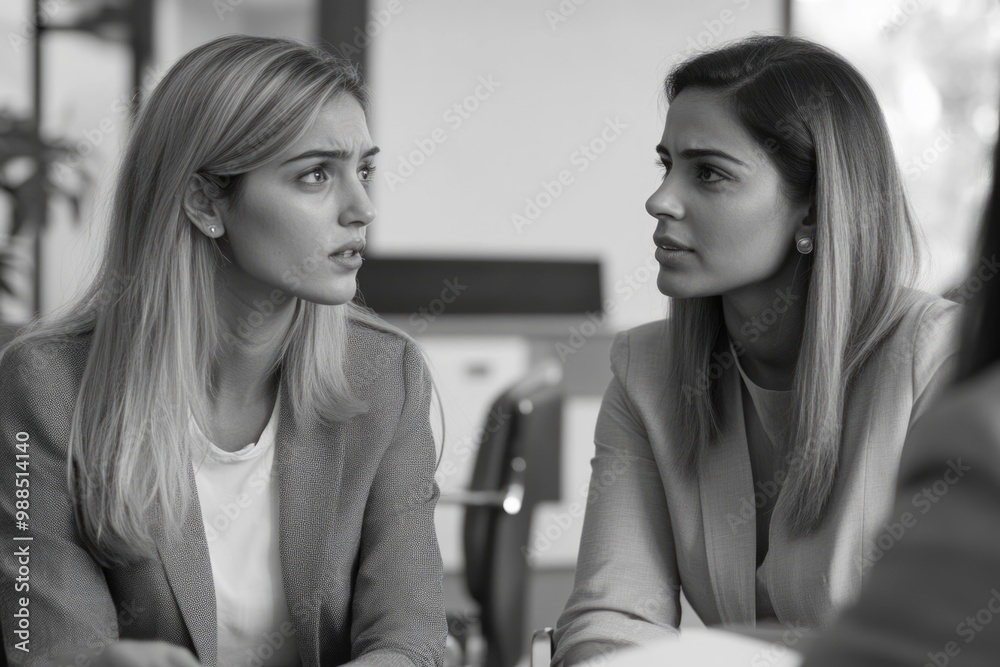 Two women in business attire engaged in conversation, suggesting a work-related meeting or consultation.