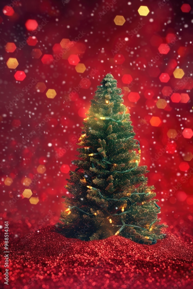 A lit-up Christmas tree against a backdrop of falling snowflakes and sparkling golden lights. A lit-up Christmas tree against a backdrop of falling snowflakes and sparkling golden lights.