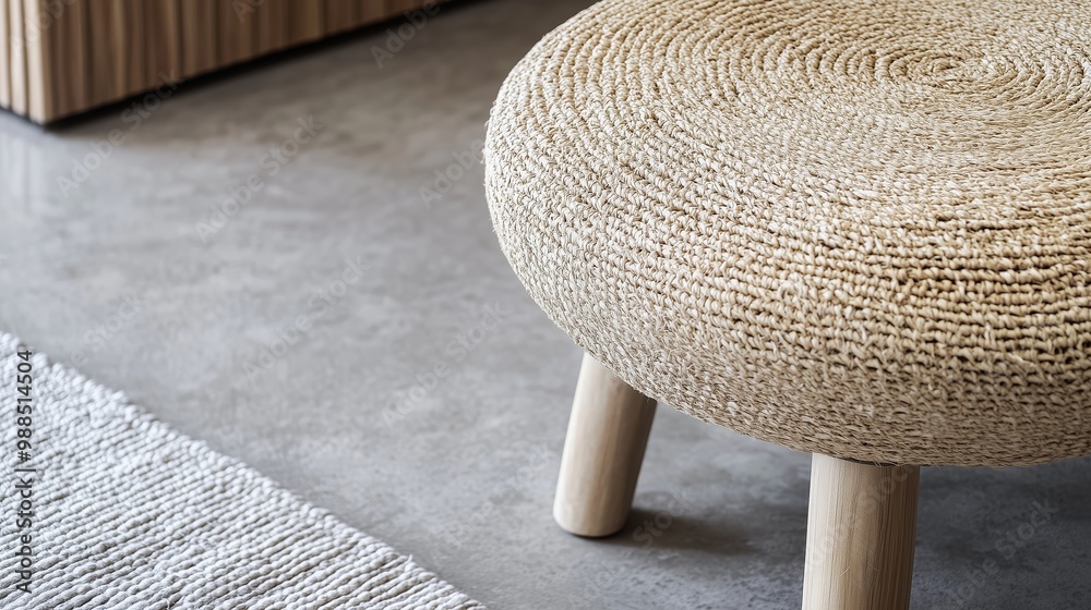 Obraz premium Simple woven stool with wooden legs placed on a smooth concrete floor in a modern interior setting