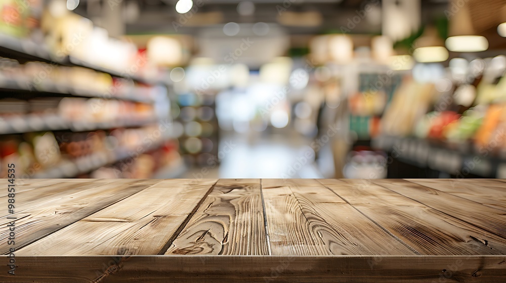 Wooden Table with Blurred Grocery Store Background: Shelves Filled with Fresh Products Wooden Table with Blurred Grocery Store Background: Shelves Filled with Fresh Products