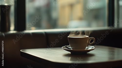 Steaming Cup of Coffee on a Table in a Cafe