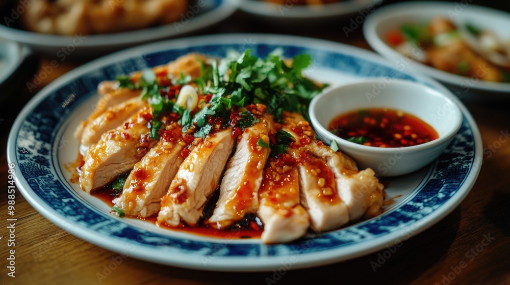 Asian-style roasted chicken with sauce and garnish on a round plate, likely served for dinner. Asian-style roasted chicken with sauce and garnish on a round plate, likely served for dinner.