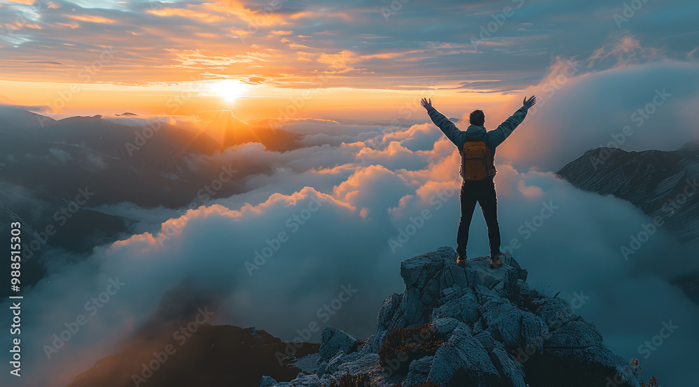 A person standing on top of the mountain with their arms raised in victory, overlooking misty mountains and clouds at sunrise. A person standing on top of the mountain with their arms raised in victory, overlooking misty mountains and clouds at sunrise.