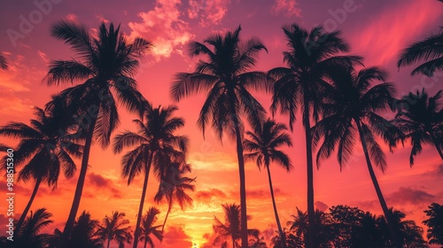 Colorful sunset over palm trees in a tropical landscape with vibrant hues of orange and pink on a serene evening