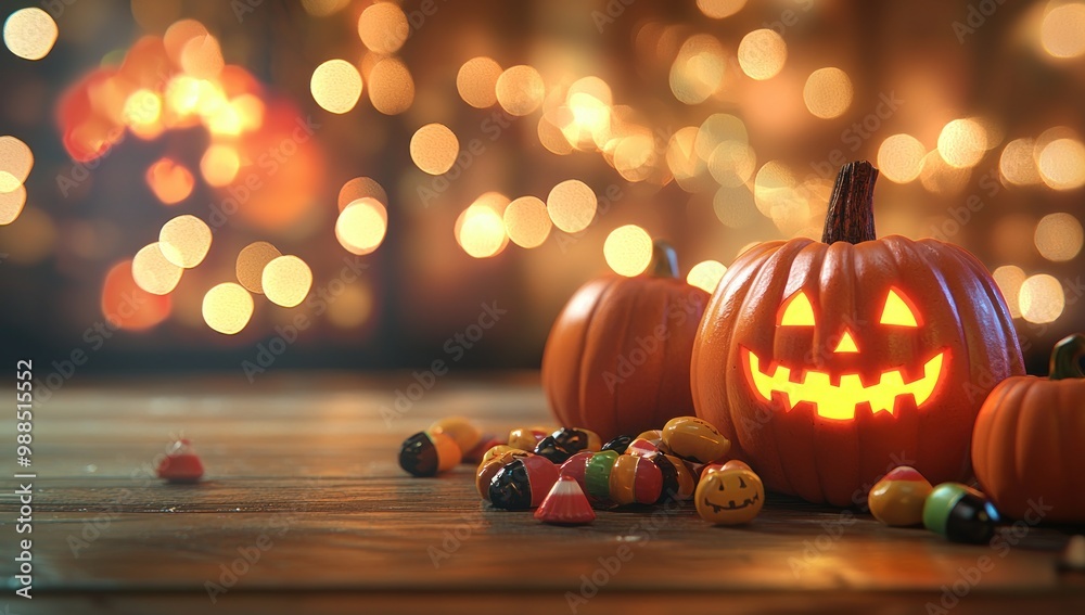 Festive Halloween party background image with copy space and orange jack-o-lantern pumpkin with bright blue color backdrop Festive Halloween party background image with copy space and orange jack-o-lantern pumpkin with bright blue color backdrop