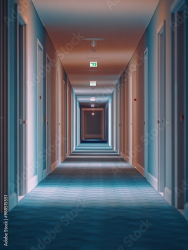 Modern hotel corridor with blue walls, white doors, tiled floor and a long, dark path leading to rooms. The lighting is dim for an early night or late arrival.