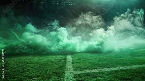 Toxic green smoke background, dark ground, bad fog, stadium mist, green grass and smoke cloud, night soccer field, poison dust, floating sport, dirty transparent, amber tones,