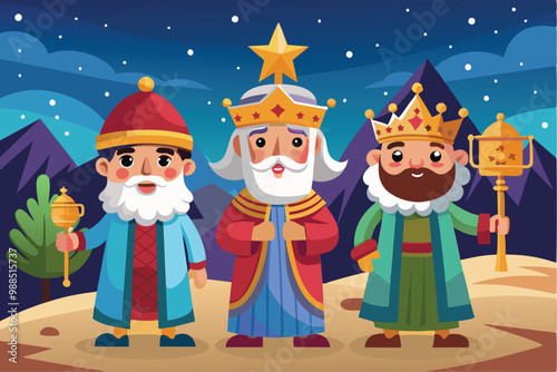Three wise men travel through a scenic landscape, carrying gifts and guided by a bright star under a night sky.