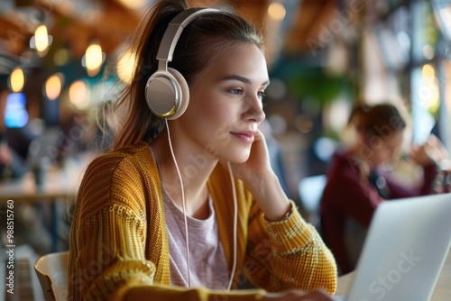 A young woman wearing headphones and focused on her laptop, in an urban cafe setting. photo