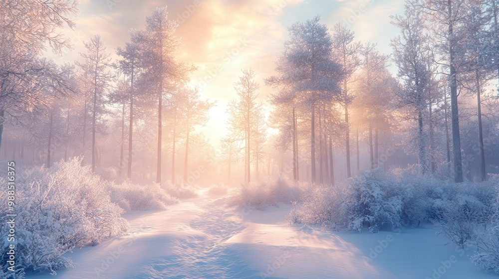 Pathway illuminating a snow covered forest at sunset Pathway illuminating a snow covered forest at sunset