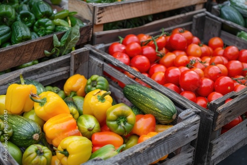 Fresh Colorful Vegetables at Farmers Market Stall - Tomatoes, Peppers, Cucumbers, Fresh Produce