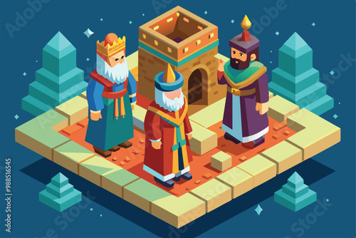 Three wise men stand together in a vibrant isometric landscape, preparing to offer their gifts at the nativity celebration.