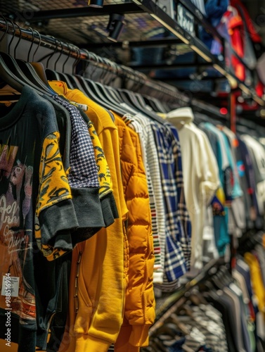 Variety of jackets for sale in a store. Trendy fashion, cozy looks and warmth.