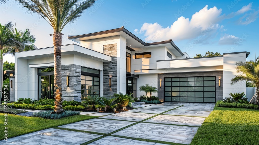 A modern home, with a white and grey color scheme and stone accents, a large front yard with a concrete driveway, palm trees, and a blue sky. A modern home, with a white and grey color scheme and stone accents, a large front yard with a concrete driveway, palm trees, and a blue sky.