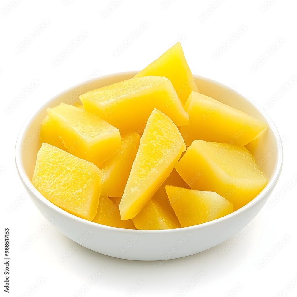 Bright Yellow Fermented Daikon Radish Slices on White Background Bright Yellow Fermented Daikon Radish Slices on White Background