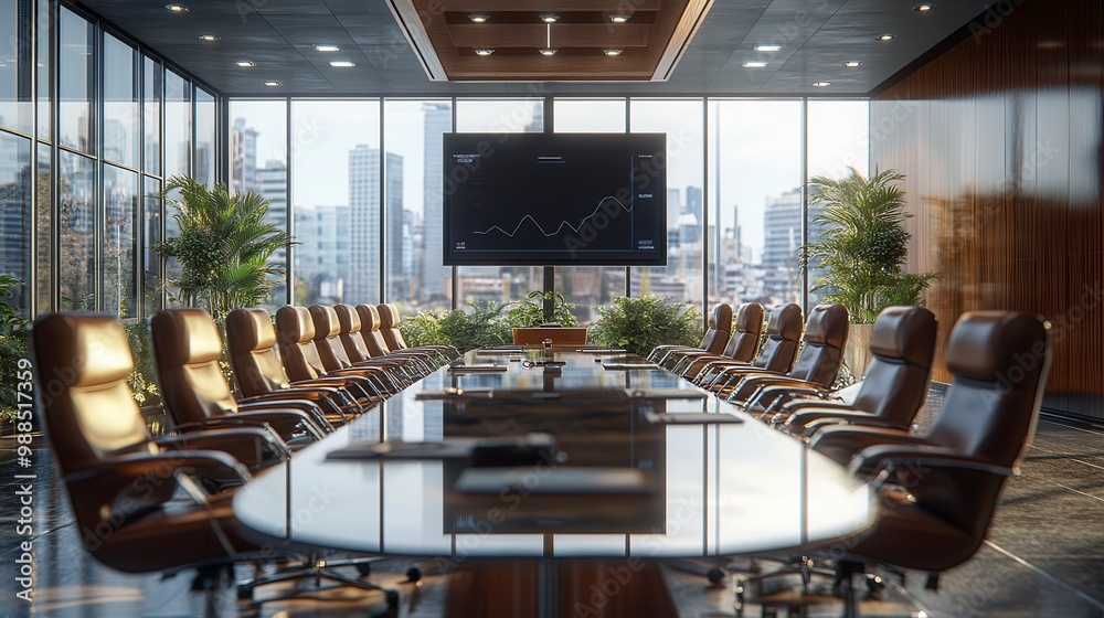Fototapeta premium Modern conference room overlooking the city with a graph displayed on a screen