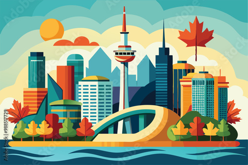 A colorful Toronto skyline illustrates iconic buildings and autumn foliage, capturing the city's charm on a bright day.