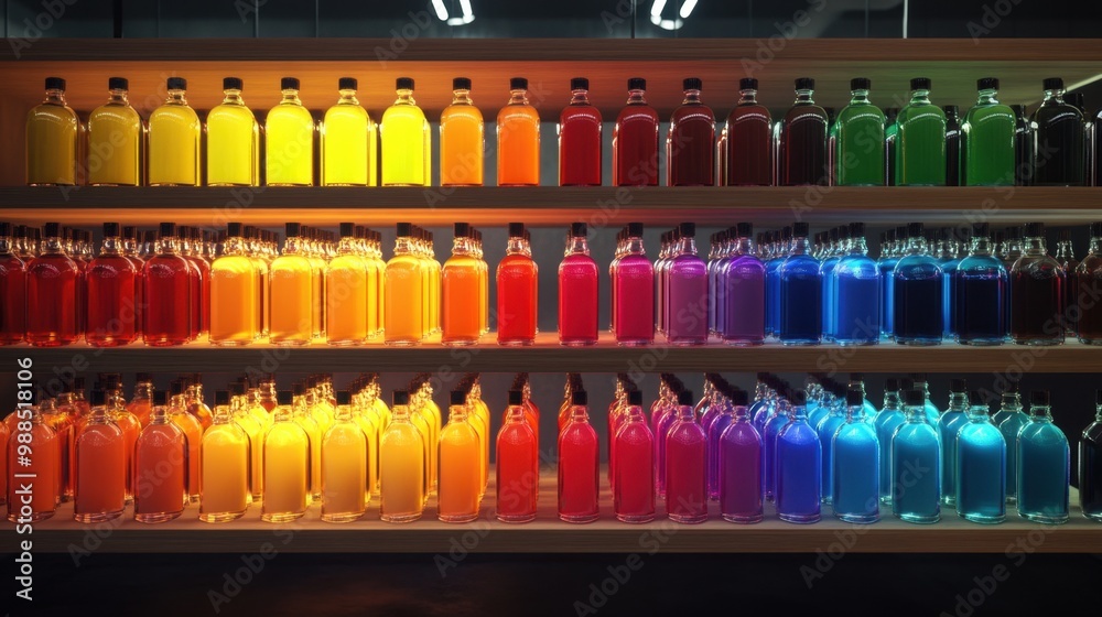 Bottles filled with colorful liquids on neatly arranged wooden shelves, illuminated by soft lighting in a clean warehouse. Bottles filled with colorful liquids on neatly arranged wooden shelves, illuminated by soft lighting in a clean warehouse.