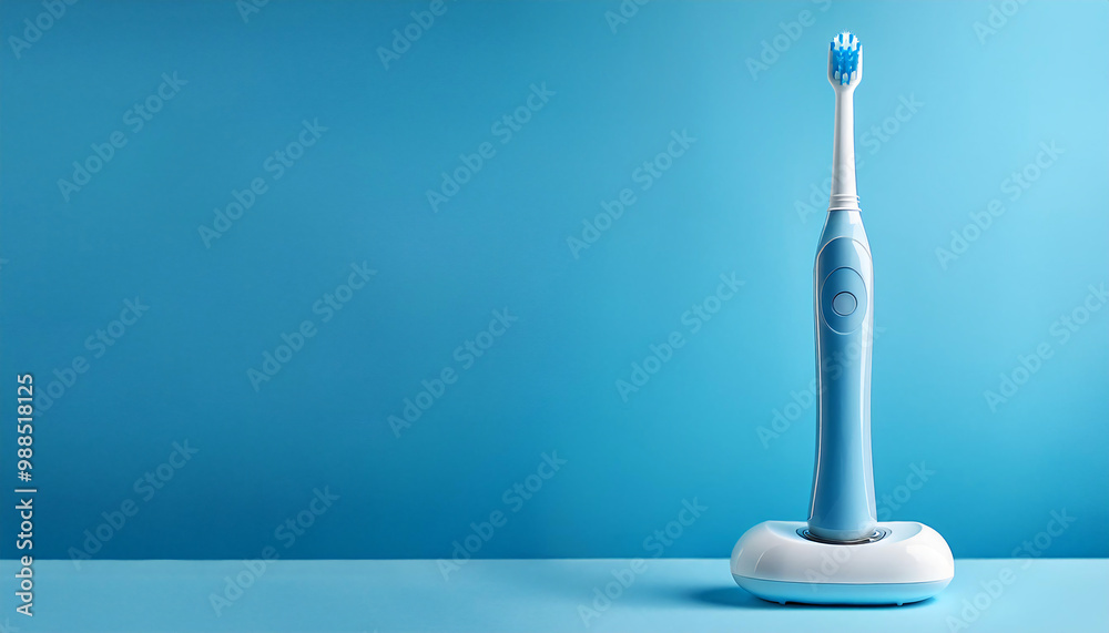 Electric Toothbrush with Charging Stand on a Soft Pastel Blue Background