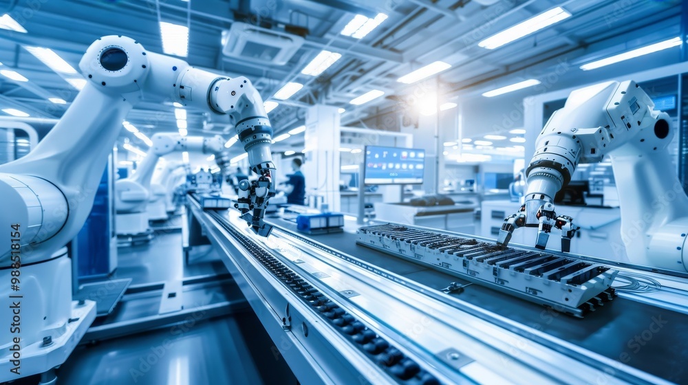 Obraz premium Advanced automated battery production line with robotic arms assembling lithium-ion cells on conveyor belt. Skilled workers in protective gear supervising high-tech manufacturing process. 