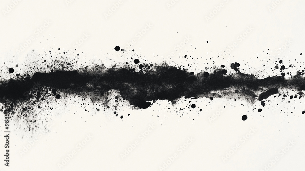 Abstract ink painting featuring horizontal black line with splatters and textures, creating dynamic visual effect. artwork evokes sense of movement and depth Abstract ink painting featuring horizontal black line with splatters and textures, creating dynamic visual effect. artwork evokes sense of movement and depth