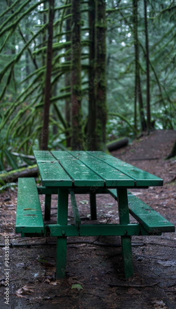 A green picnic table sits in a lush forest, perfect for a peaceful lunch break. A green picnic table sits in a lush forest, perfect for a peaceful lunch break.