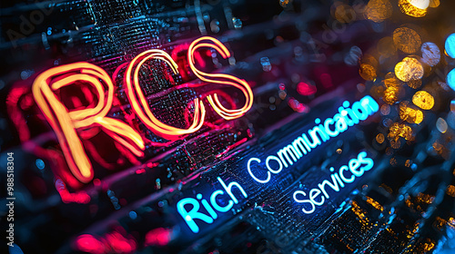 Image of neon style text 'RCS Rich Communication Services' highlighted with vibrant neon lights and intricate bokeh effects, giving a modern and tech-savvy visual appeal. photo