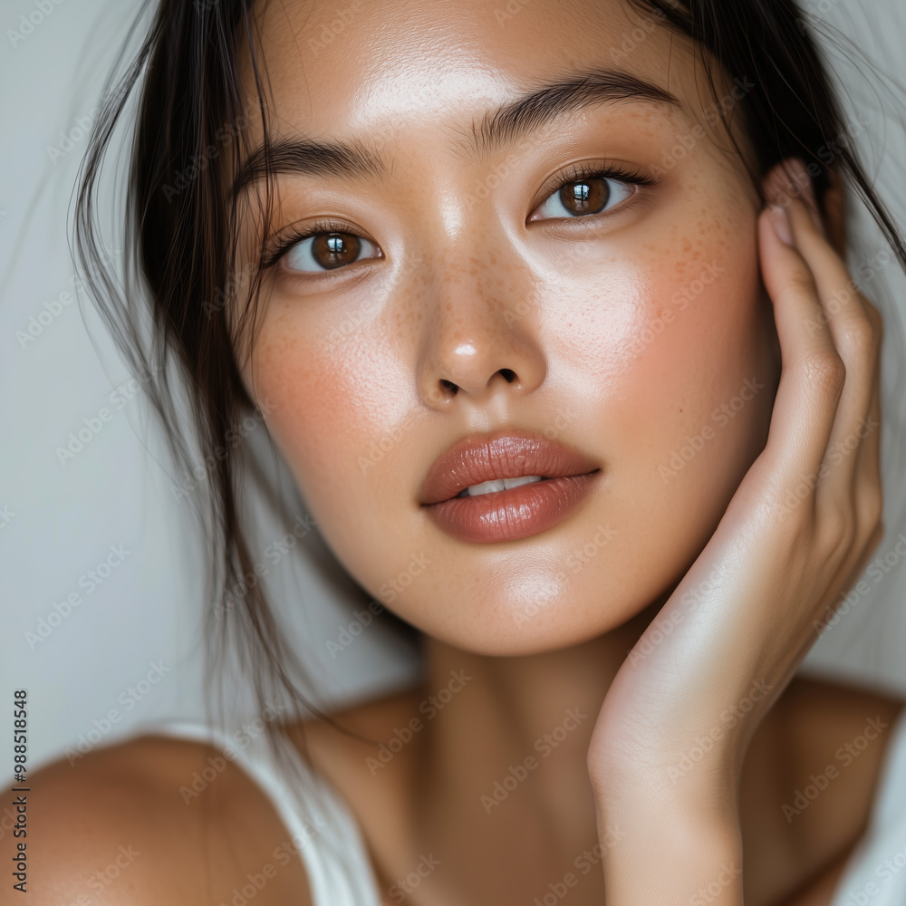 South Korean Model With Dewy Complexion Applying Highlighter in Minimalist Studio Setting With Light Airy Decor and Neutral Tones South Korean Model With Dewy Complexion Applying Highlighter in Minimalist Studio Setting With Light Airy Decor and Neutral Tones
