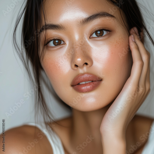 South Korean Model With Dewy Complexion Applying Highlighter in Minimalist Studio Setting With Light Airy Decor and Neutral Tones photo