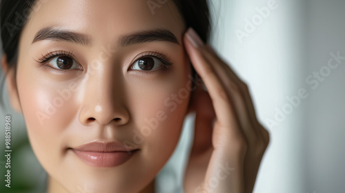 Fresh and Flawless: Close-Up of a South Korean Woman Applying Makeup at a Minimalist Vanity Featuring Elegant Details and Neutral Color Palette