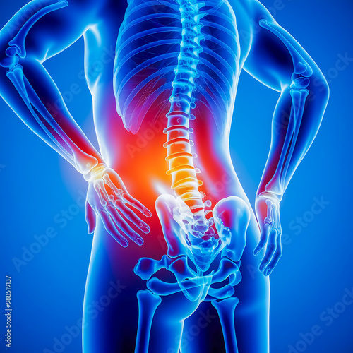 Illustration of hip pain x-ray, glowing hip pain neon blue background