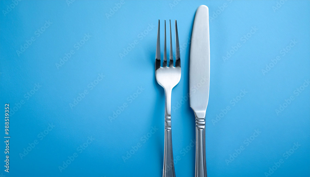 Fork and Knife on a Pastel Blue Background Fork and Knife on a Pastel Blue Background