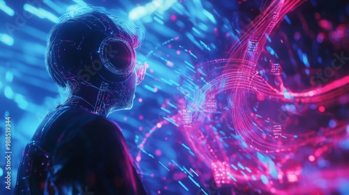 Neon Lights and Wireframe Humanoid in a Futuristic Digital World