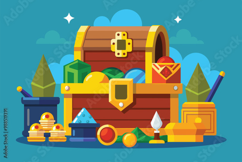 A vibrant treasure chest brimming with shiny jewels, gold coins, and colorful gems rests amidst a cheerful backdrop of trees and a clear sky.