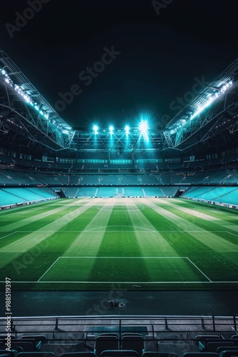 Stadium with turquoise floodlights, highlighting the clean lines of the empty field