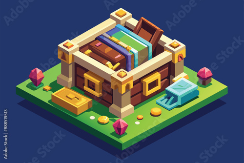 A vibrant isometric illustration showcases a treasure chest surrounded by gems and gold coins, set on a green base with decorative elements in a fantasy landscape.