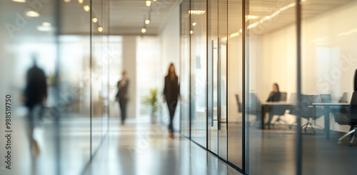 blurred office interior captures dynamic workspace with people engaged in various tasks. modern design and glass partitions create an open atmosphere, enhancing productivity and collaboration