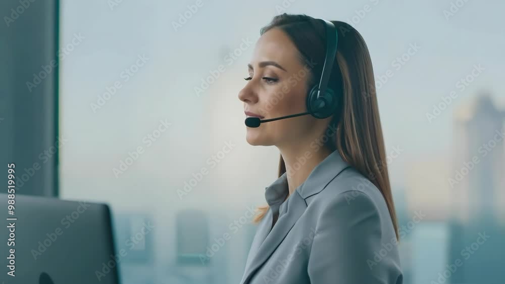 Professional customer support representative with headset in modern office setting