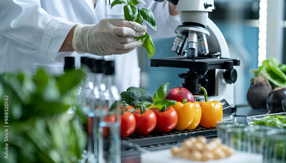 Scientist conducting food sensitivity test with fresh produce and lab equipment. Food intolerance Scientist conducting food sensitivity test with fresh produce and lab equipment. Food intolerance