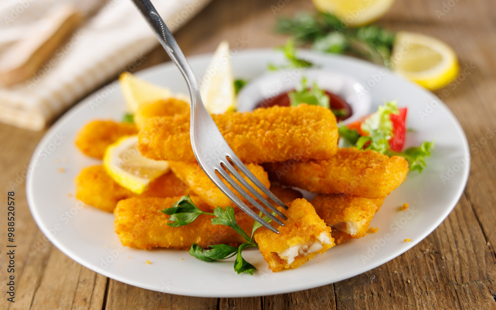 Crispy Fried Fish Sticks with Lemon and Fork – Delicious Seafood Snack