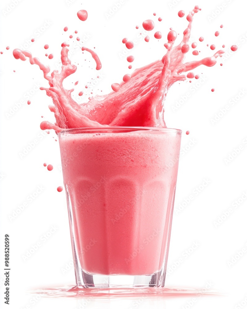 A glass of pink smoothie with a splash of liquid, isolated on a white background. A glass of pink smoothie with a splash of liquid, isolated on a white background.
